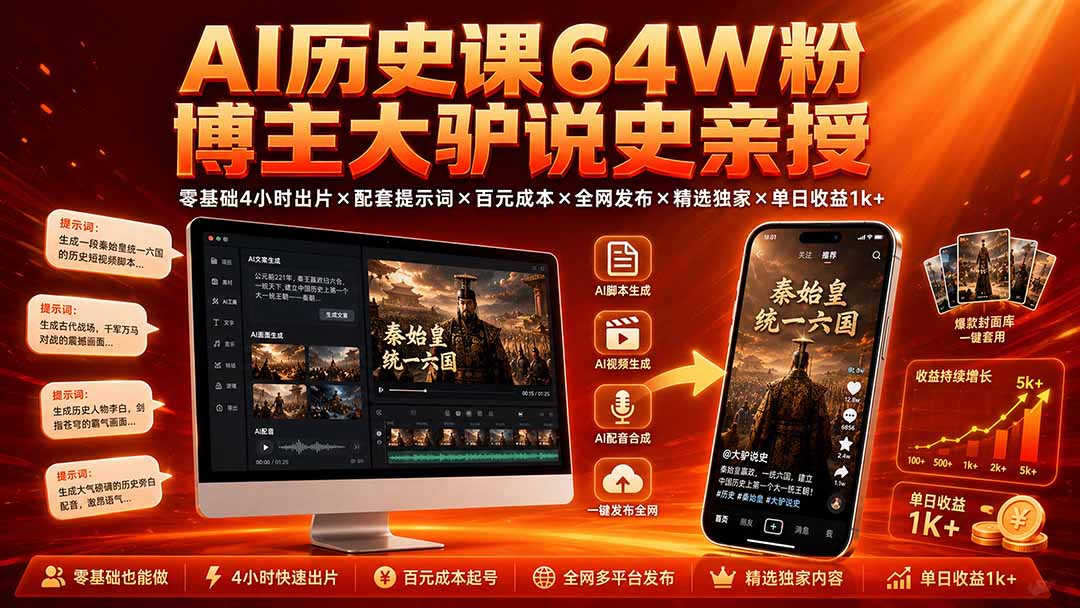 AI历史课64W粉博主大驴说史亲授：零基础4小时出片×配套提示词×百元成本×全网发布×精选独家×单日收益1k+-迦哆网创社
