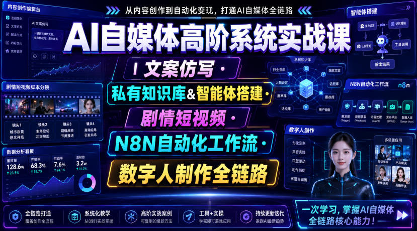 AI自媒体高阶系统实战课｜文案仿写・私有知识库&智能体搭建・剧情短视频・N8N自动化工作流・数字人制作全链路-迦哆网创社