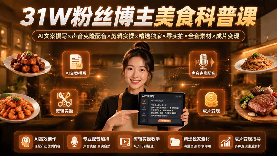 31W粉丝博主美食科普课：AI文案撰写×声音克隆配音×剪辑实操×精选独家×零实拍×全套素材×成片变现-迦哆网创社