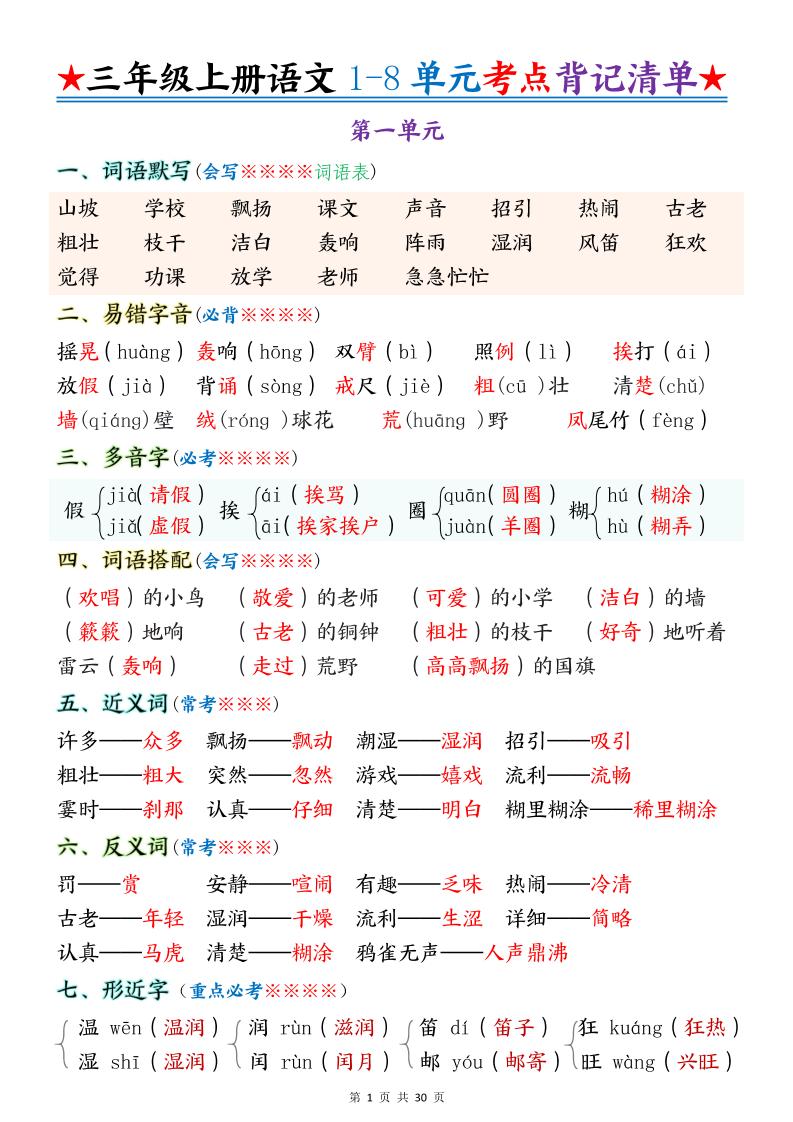 新三上语文1-8单元考点背记清单30页-迦哆网创社