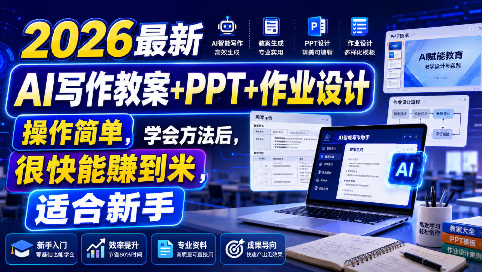 2026最新AI写作教案+PPT+作业设计，操作简单，学会方法后，很快能賺到米，适合新手-迦哆网创社