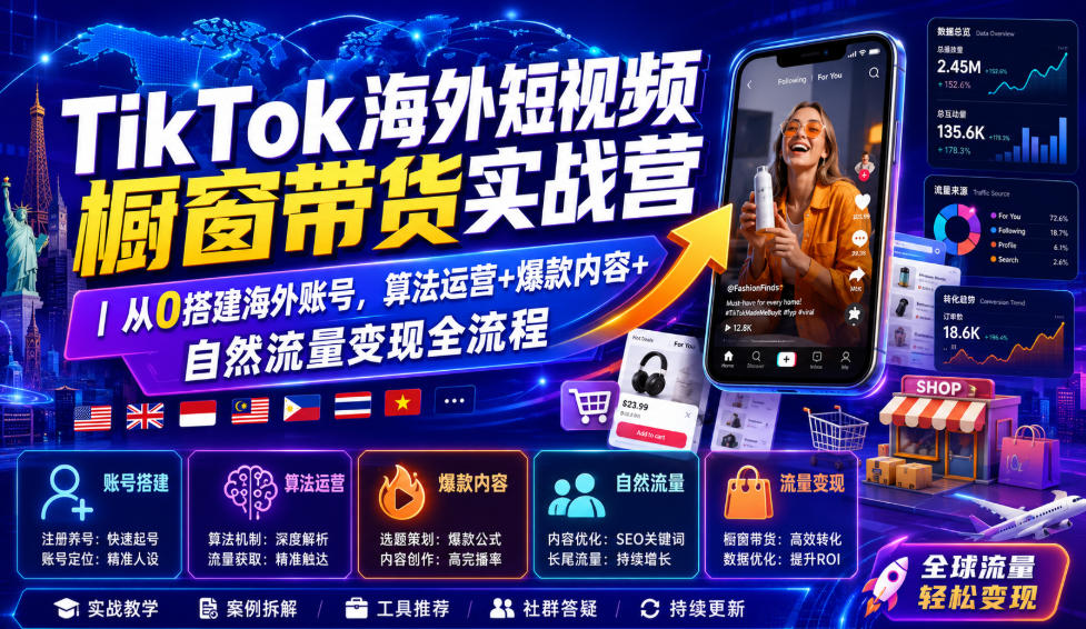TikTok海外短视频橱窗带货实战营｜从0搭建海外账号，算法运营+爆款内容+自然流量变现全流程-迦哆网创社