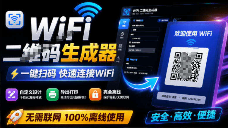 完全离线使用！WiFi二维码生成器，一键扫码快速连接WiFi，支持自定义风格导出WiFi二维码生成器-迦哆网创社