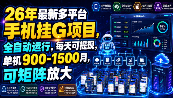 26年最新多平台手机挂G项目，全自动运行，每天可提现，单机900-1500月，可矩阵放大【揭秘】-迦哆网创社