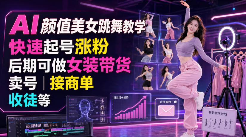 AI颜值美女跳舞教学，快速起号涨粉，后期可做女装带货，卖号，接商单，收徒等-迦哆网创社