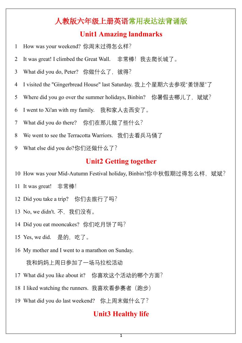 六年级上册英语常用表达法（背诵表）-迦哆网创社