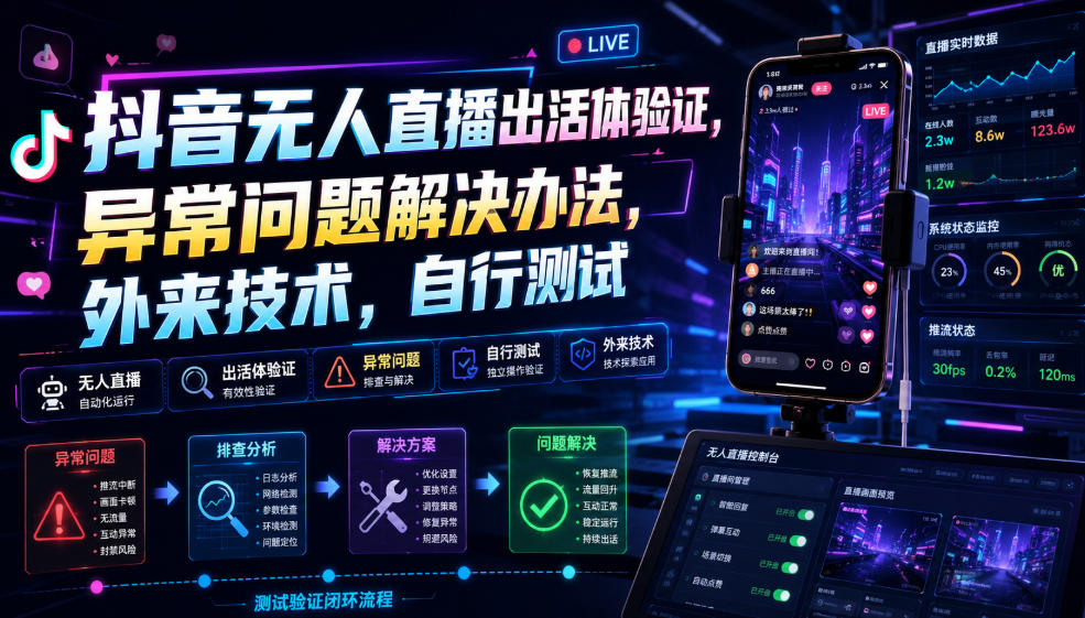 抖音无人直播出活体验证，异常问题解决办法，外来技术，自行测试-迦哆网创社
