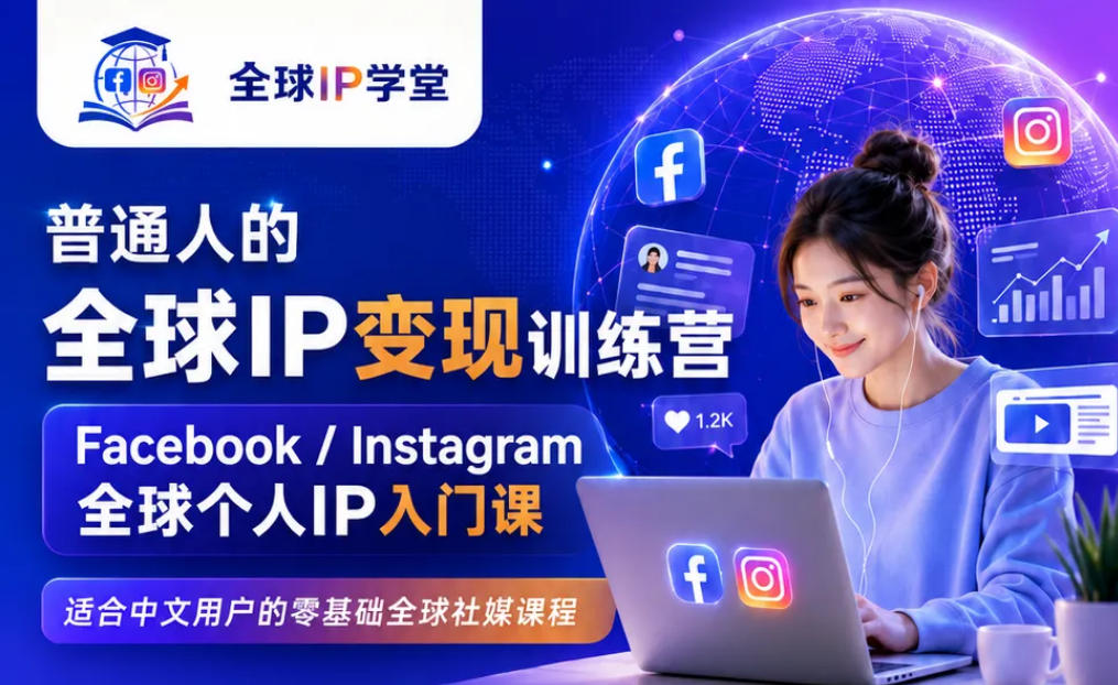 普通人的全球IP变现训练营，Facebook/Instagram全球个人IP入门课，零基础全球社媒课程-迦哆网创社