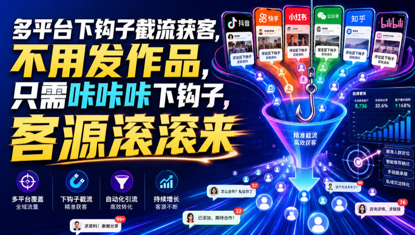 多平台下钩子截流获客，不用发作品，只需咔咔咔下钩子，客源滚滚来-迦哆网创社