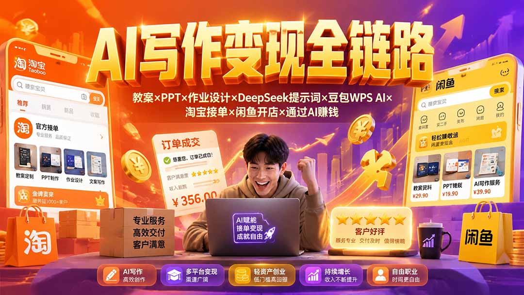 2026AI写作变现全链路：教案×PPT×作业设计×DeepSeek提示词×豆包WPS AI×淘宝接单×闲鱼开店×通过AI賺钱-迦哆网创社
