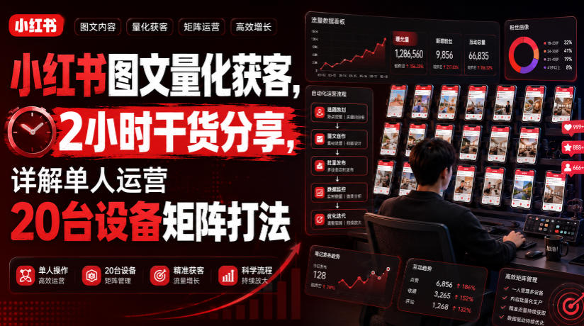 小红书图文量化获客，2小时干货分享，详解单人运营20台设备矩阵打法-迦哆网创社