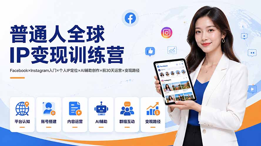 普通人全球IP变现训练营：Facebook×Instagram入门×个人IP定位×AI辅助创作×前30天运营×变现路径-迦哆网创社