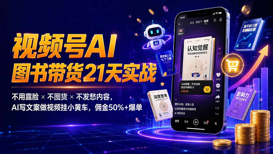 繁花视频号AI图书带货21天实战：不用露脸×不囤货×不发愁内容，AI写文案做视频挂小黄车，佣金50%+爆单-迦哆网创社