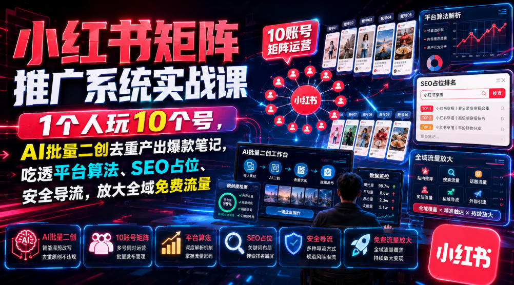 小红书矩阵推广系统实战课｜1个人玩10个号，AI批量二创去重产出爆款笔记，吃透平台算法、SEO占位、安全导流，放大全域免费流量-迦哆网创社