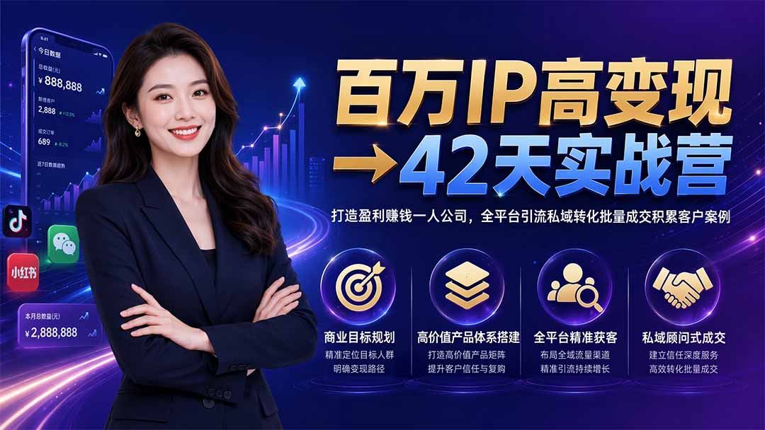 百万IP高变现→42天实战营｜打造盈利赚钱一人公司，全平台引流私域转化批量成交积累客户案例-迦哆网创社
