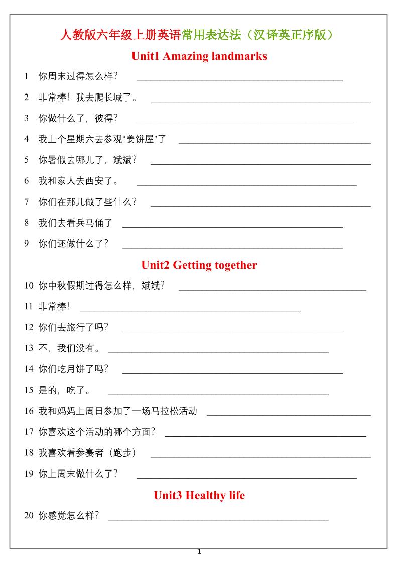 六年级上册英语常用表达法（汉译英）正序版＋乱序版-迦哆网创社