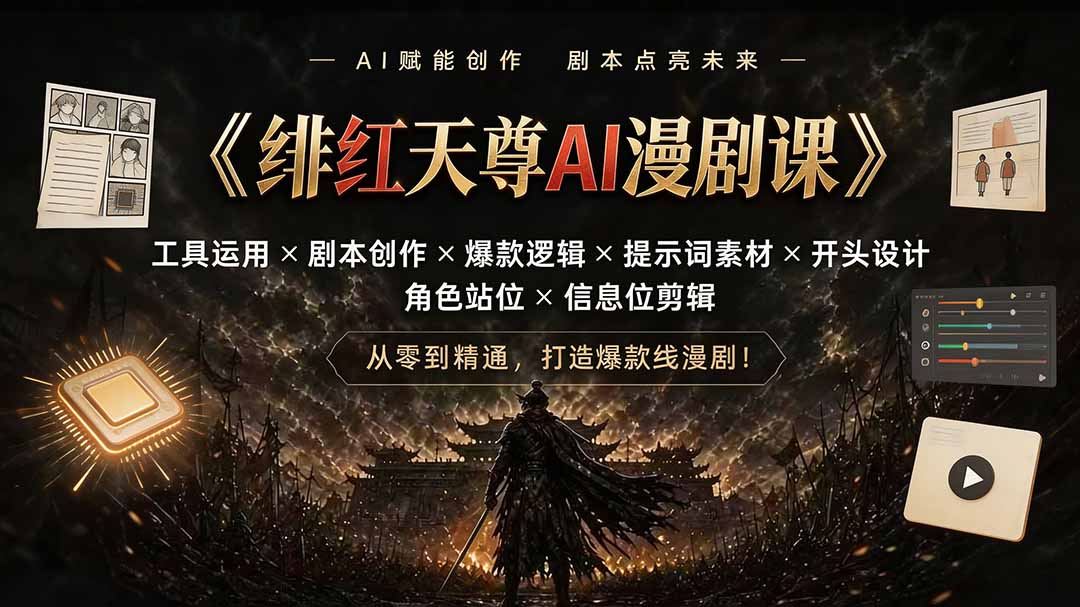 绯红天尊AI漫剧课｜工具运用×剧本创作×爆款逻辑×提示词素材×开头设计×角色站位×信息位剪辑-迦哆网创社