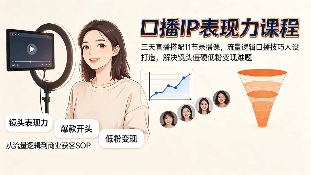 口播IP表现力课程|三天直播搭配11节录播课,流量逻辑口播技巧人设打造,解决镜头僵硬低粉变现难题-迦哆网创社