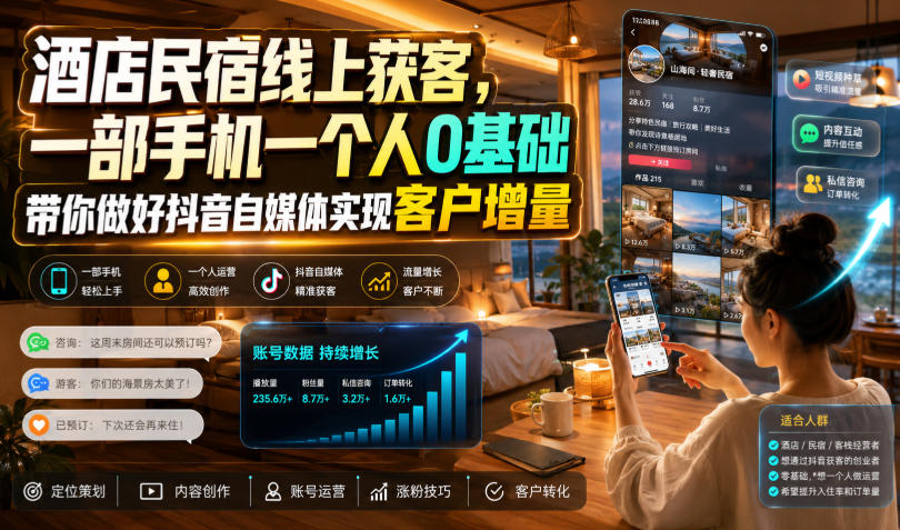 酒店民宿线上获客，一部手机一个人0基础带你做好抖音自媒体实现客户增量-迦哆网创社