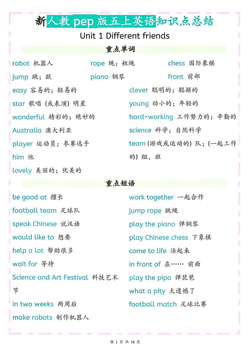 26秋新人教pep版五上英语知识点总结-迦哆网创社