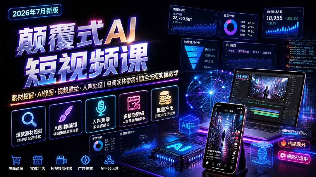 颠覆式AI短视频课｜素材挖掘，AI修图，视频重绘，人声处理｜电商实体带货引流全流程实操教学-迦哆网创社