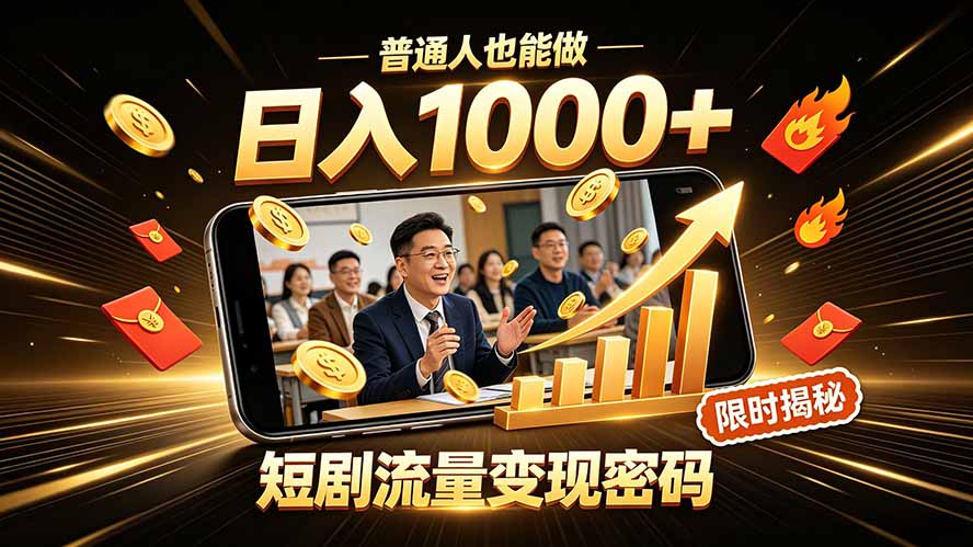 一部手机做短剧分发，不用真人出镜、不用拍摄剧本，快手流量变现日赚千元-迦哆网创社