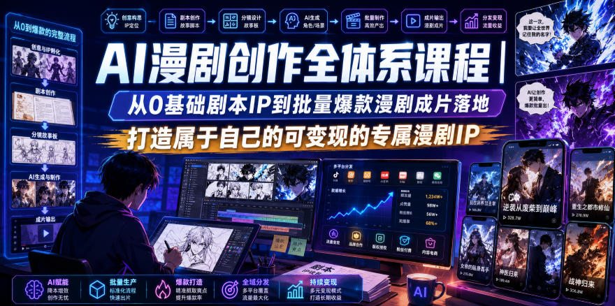 AI漫剧创作全体系课程｜从0基础剧本IP到批量爆款漫剧成片落地，打造属于自己的可变现的专属漫剧IP-迦哆网创社