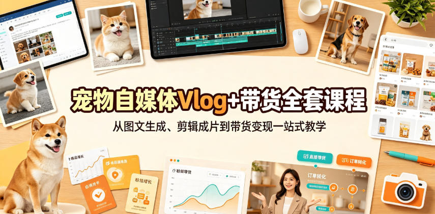 宠物自媒体Vlog+带货全套课程｜从图文生成、剪辑成片到带货变现一站式教学-迦哆网创社