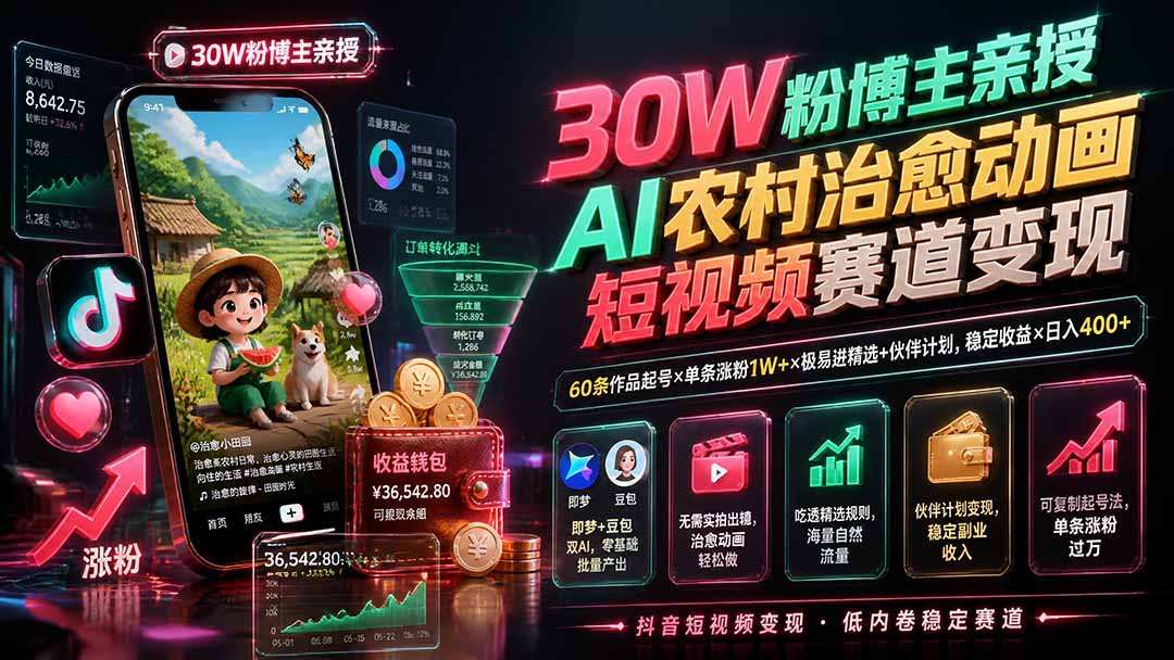 30W粉博主亲授AI农村治愈动画短视频赛道变现：60条作品起号×单条涨粉1W+×极易进精选+伙伴计划，稳定收益×日入400+-迦哆网创社