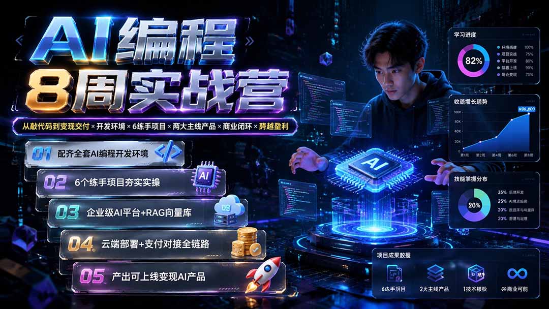 AI编程8周实战营：从敲代码到变现交付×开发环境×6练手项目×两大主线产品×商业闭环×跨越盈利-迦哆网创社
