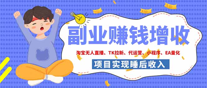 2026年多个真实落地副业项目，手把手带你搭建被动收入管道(淘宝无人直播、海外TK拉新…-迦哆网创社