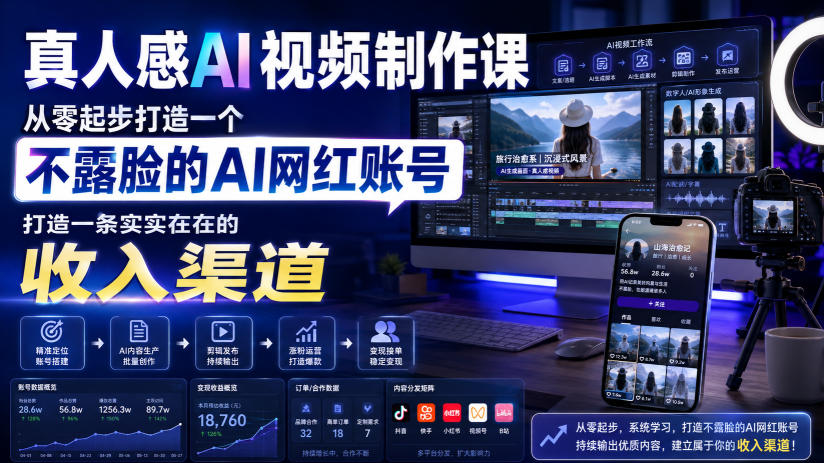 真人感AI视频制作课,从零起步打造一个不露脸的AI网红账号,打造一条实实在在的收入渠道【原创双语字幕】-迦哆网创社