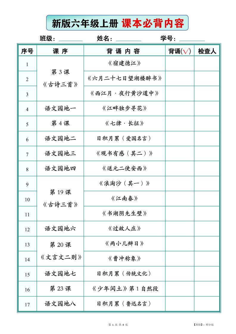 26新版六上语文【课本必背内容】背诵版-迦哆网创社
