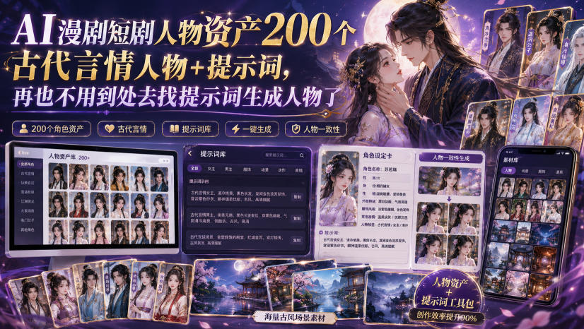 AI漫剧短剧人物资产200个古代言情人物+提示词,再也不用到处去找提示词生成人物了-迦哆网创社