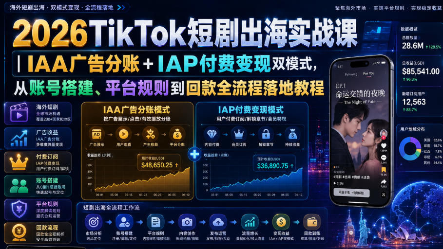2026TikTok短剧出海实战课|IAA广告分账+IAP付费变现双模式,从账号搭建、平台规则到回款全流程落地教程-迦哆网创社
