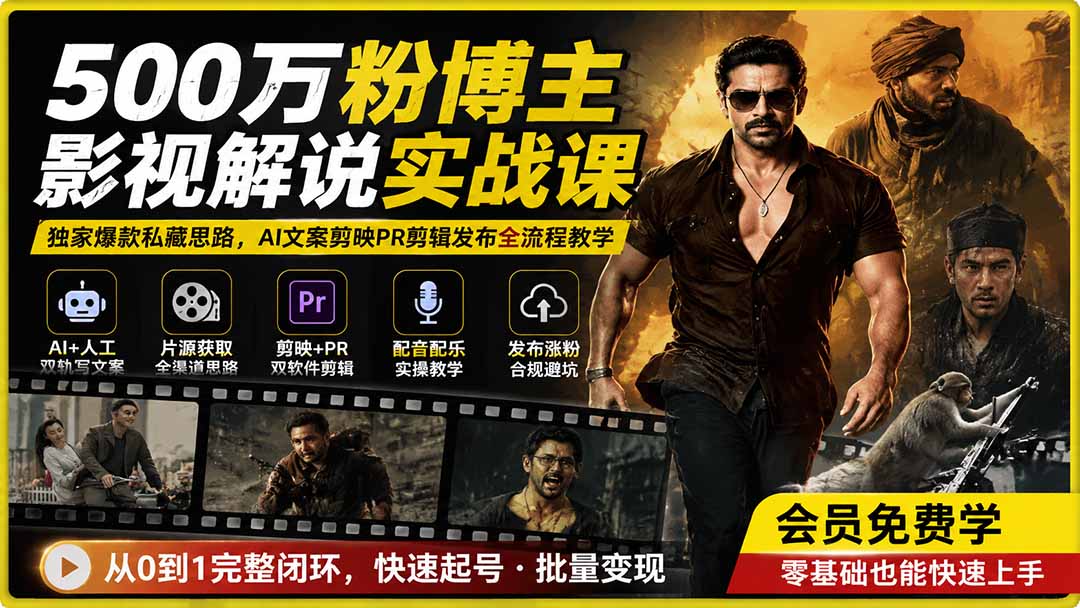 500万粉博主影视解说实战课｜独家爆款私藏思路，AI文案剪映PR剪辑发布全流程教学-迦哆网创社