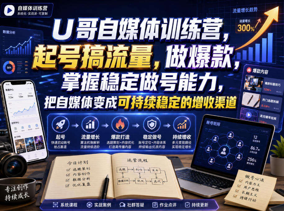 U哥自媒体训练营,起号搞流量,做爆款,掌握稳定做号能力,把自媒体变成可持续稳定的增收渠道-迦哆网创社