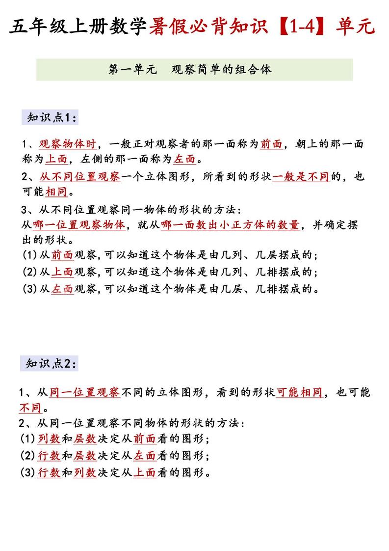 26新五上数学【1-4】单元必背知识《人教版》-迦哆网创社