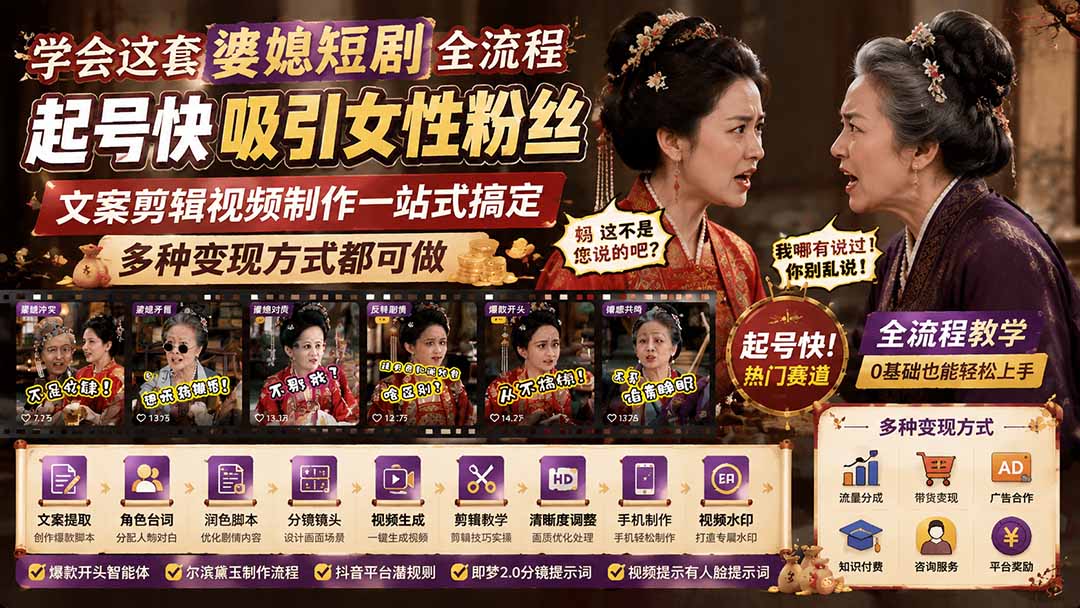 学会这套婆媳短剧全流程:起号快吸引女性粉丝,文案剪辑视频制作一站式搞定,多种变现方式都可做-迦哆网创社