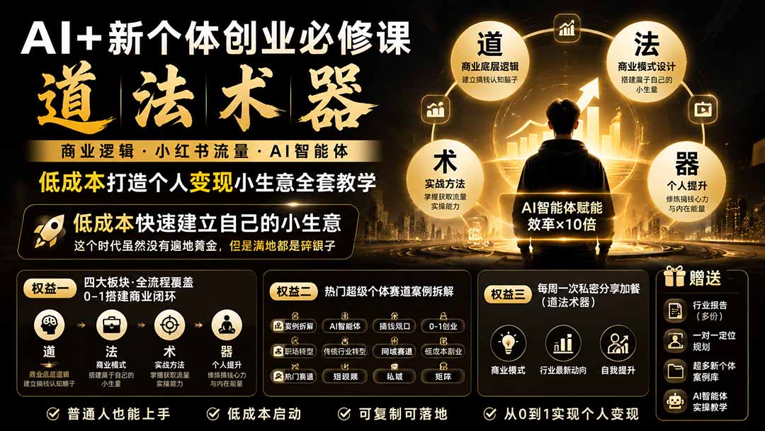 AI+新个体创业必修课｜道法术器｜商业逻辑·小红书流量·AI智能体｜低成本打造个人变现小生意全套教学-迦哆网创社