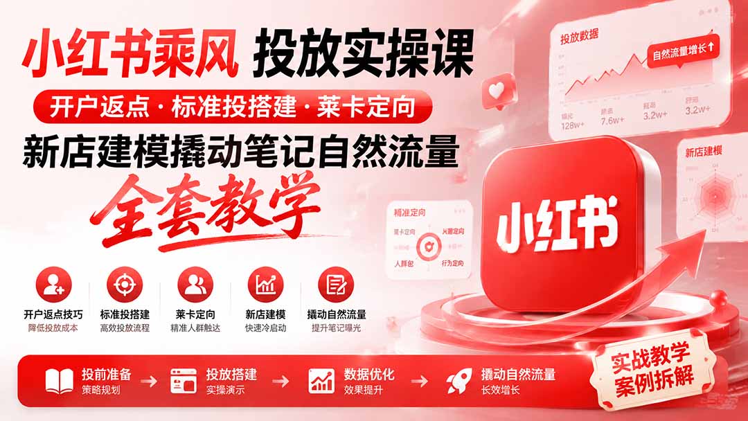 小红书乘风投放-100分钟实操课｜开户返点·标准投搭建·莱卡定向，新店建模撬动笔记自然流量全套教学-迦哆网创社