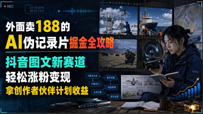 外面卖188的AI伪记录片掘金全攻略，抖音图文新赛道，轻松涨粉变现，拿创作者伙伴计划收益【文档】-迦哆网创社