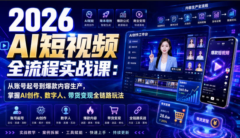 2026 AI短视频全流程实战课:从账号起号到爆款内容生产,掌握AI创作、数字人、带货变现全链路玩法-迦哆网创社