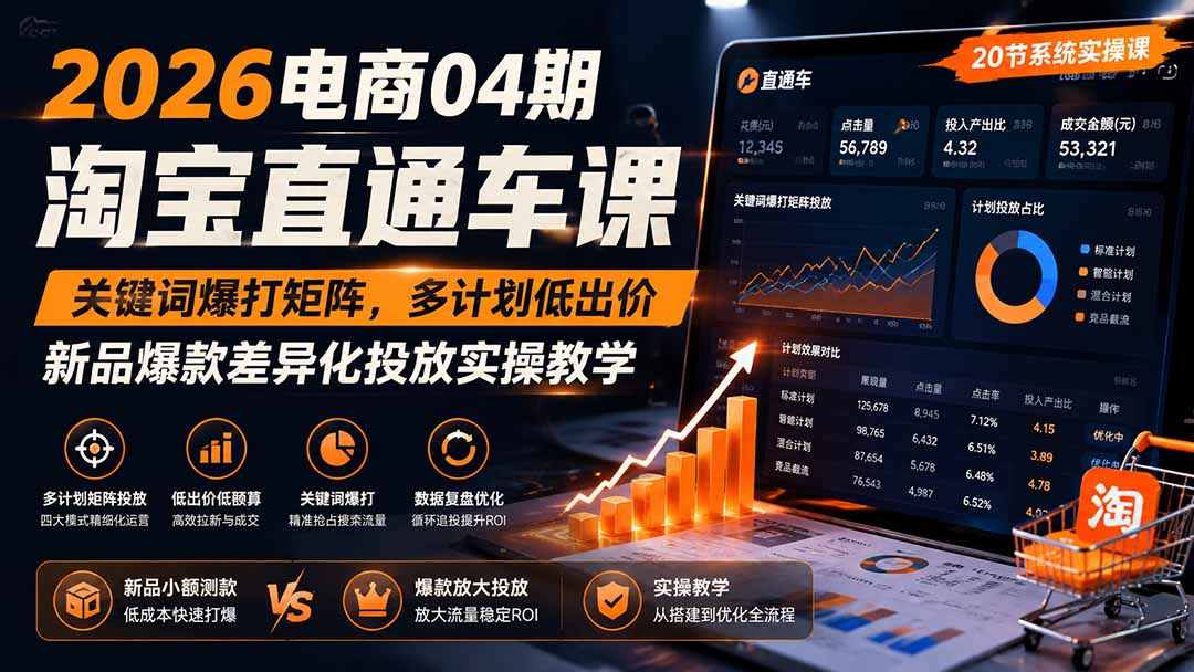 2026电商04期淘宝直通车课|关键词爆打矩阵,多计划低出价,新品爆款差异化投放实操教学-迦哆网创社