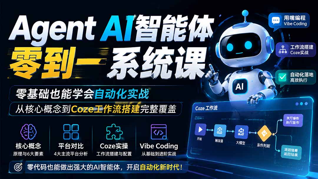 Agent AI智能体零到一系统课；零基础也能学会自动化实战，从核心概念到Coze工作流搭建完整覆盖-迦哆网创社