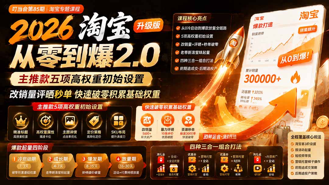 2026淘宝从零到爆2.0第85期；主推款五项高权重初始设置，改销量评晒秒单快速破零积累基础权重-迦哆网创社