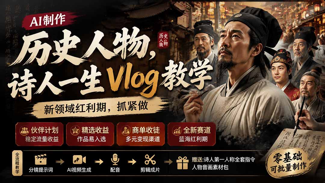 历史人物，诗人一生Vlog教学， AI制作丨伙伴计划丨精选收益丨商单收徒 ，新领域红利期，抓紧做-迦哆网创社