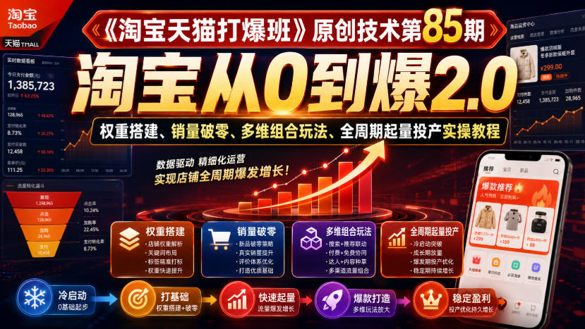 《淘宝天猫打爆班》原创技术第85期,淘宝从0到爆2.0,权重搭建、销量破零、多维组合玩法、全周期起量投产实操教程-迦哆网创社