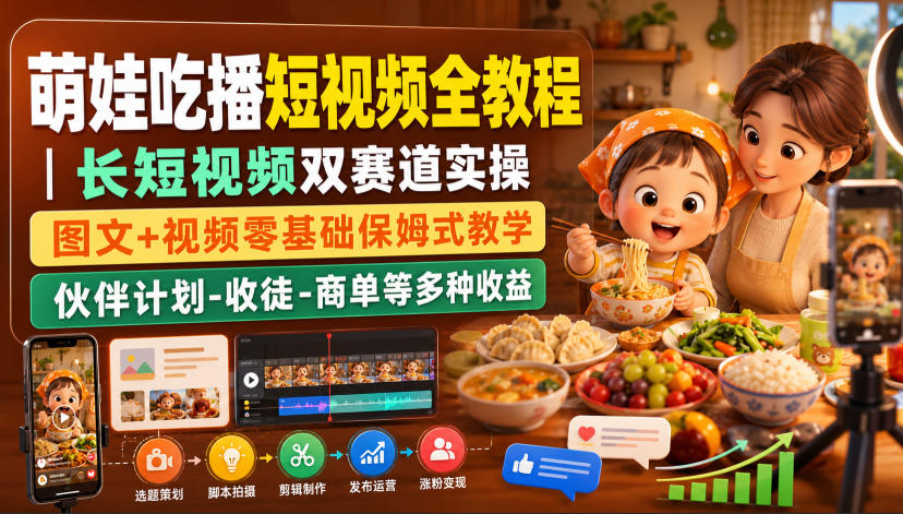 萌娃吃播短视频全教程|长短视频双赛道实操,图文+视频零基础保姆式教学,伙伴计划-收徒-商单等多种变现方式-迦哆网创社