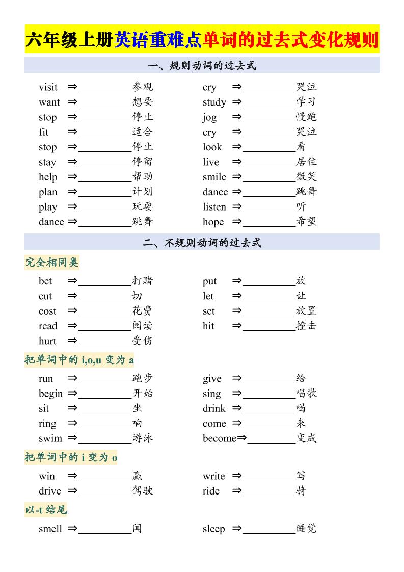 六上英语重点：动词的过去式变化专项-迦哆网创社